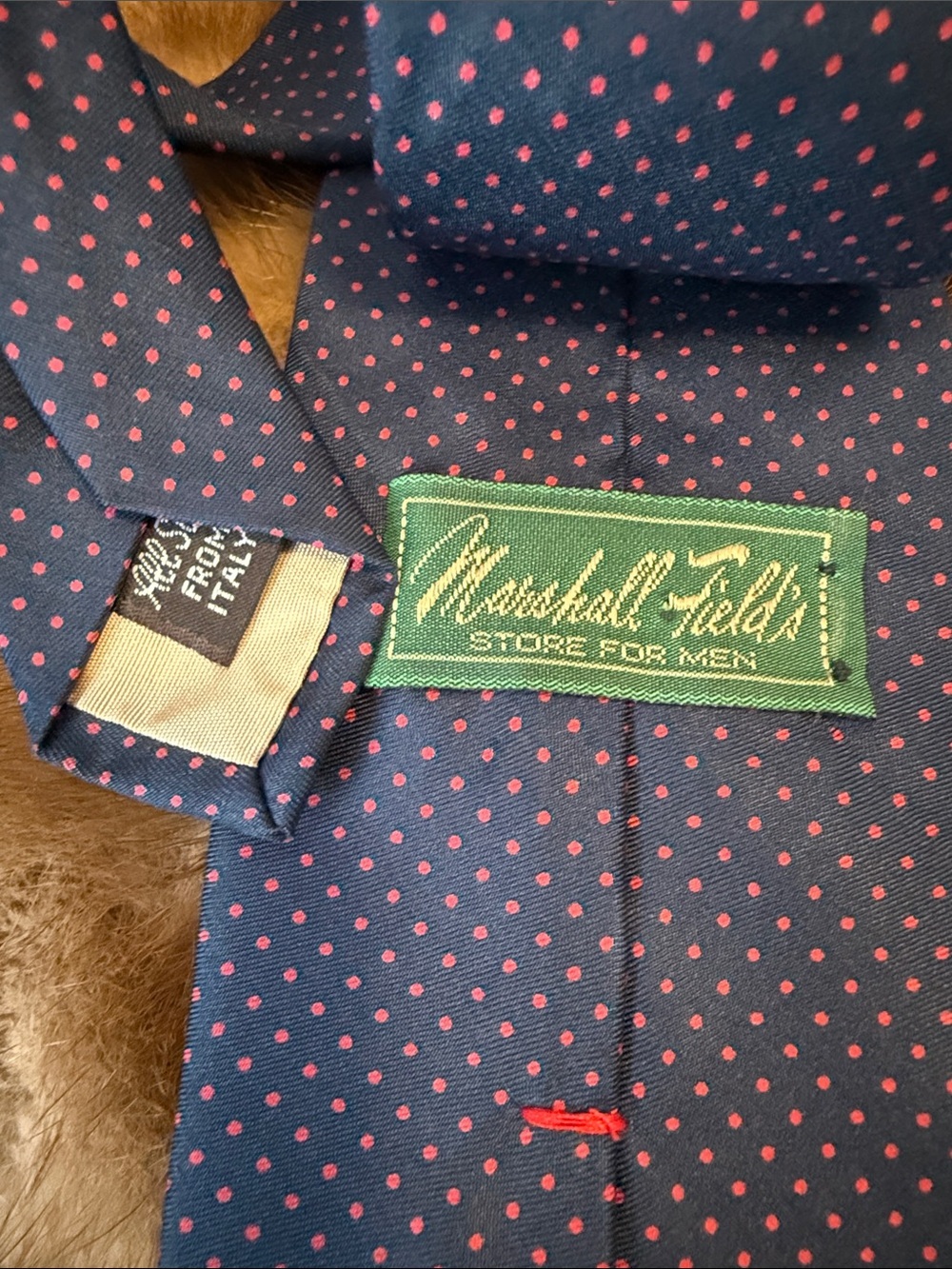 Vintage Marshall Fields All Silk Men's Navy Tie with Pink Dot Pattern - Picture 2 of 5